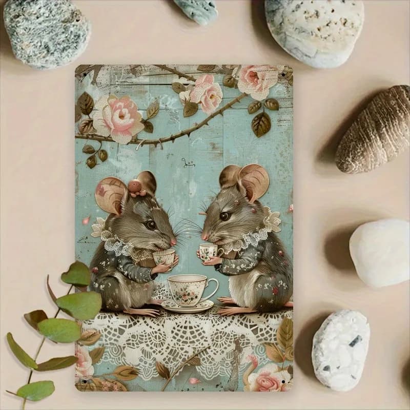 A Vintage Elegant Art Tin Sign Featuring a Gentleman Mouse for Afternoon Tea, Measuring 8X12 Inches, Suitable for English Tea Ho