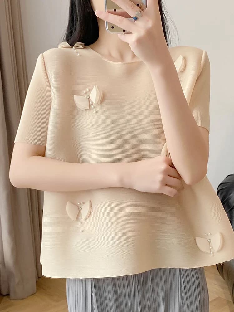 Summer New Embroidery Design Loose Fit Slimming T-Shirt Three Houses Wind Wave Fold Women's Fashion Polyester Short...