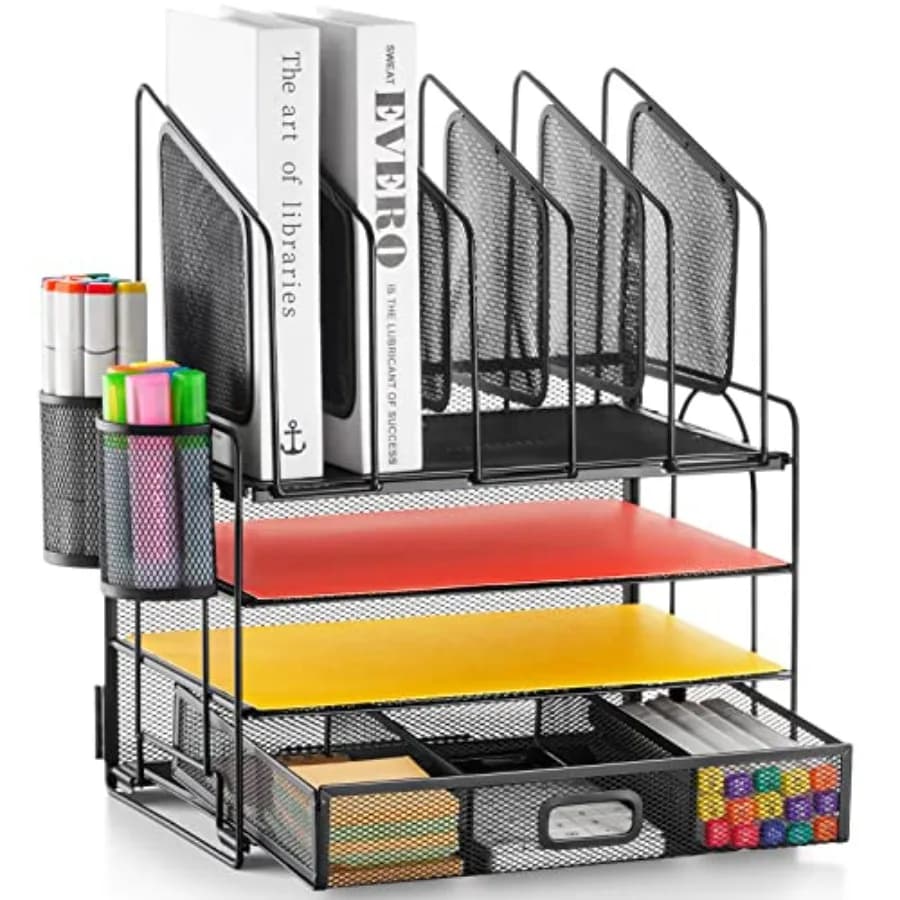 Organizzatore da Scrivania con Cassetto, Portadocumenti a 4 Livelli in Rete con 5 Portafile Verticali e 2 Portapenne, Organizzatore Multifunzione da Scrivania