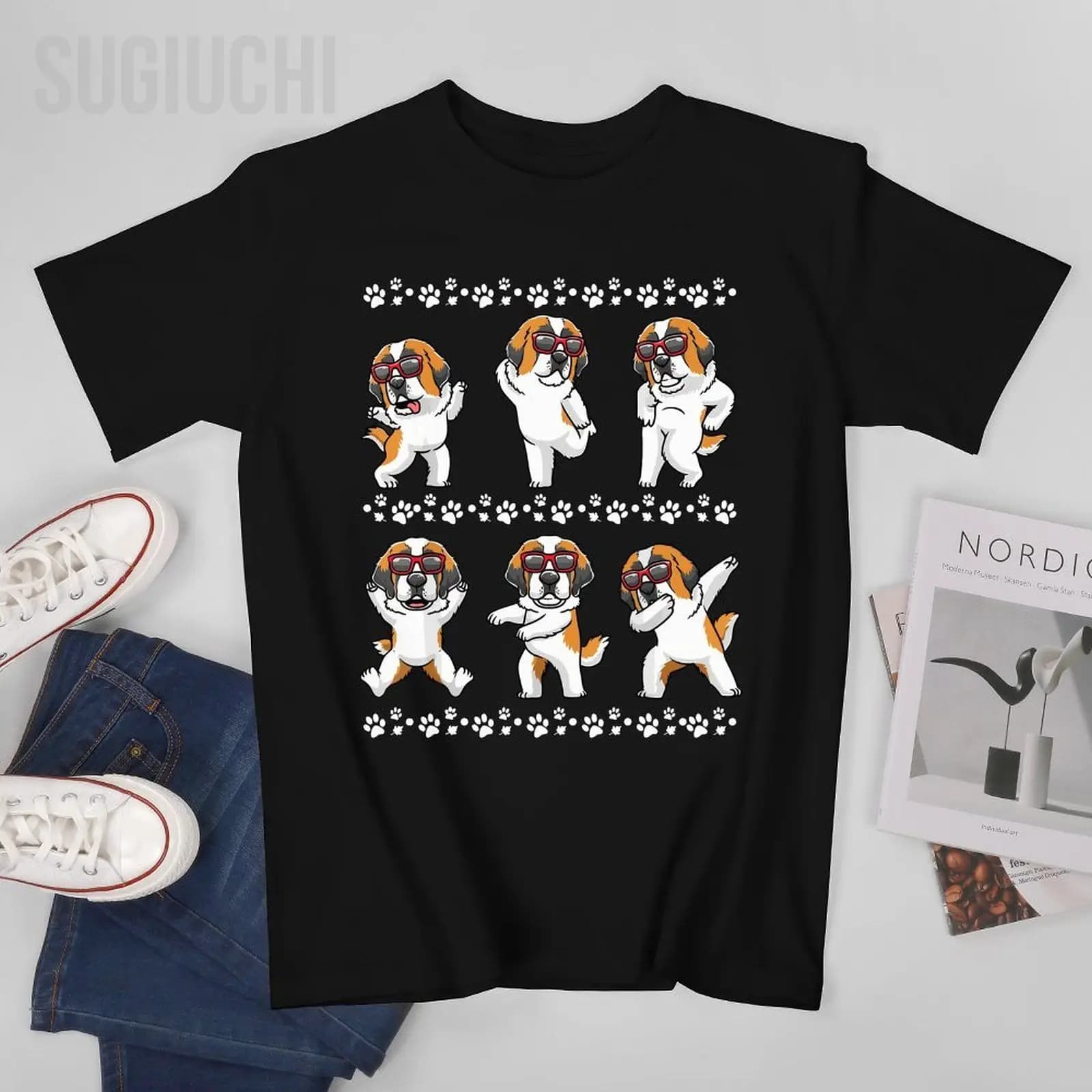 Men's unisex St. Bernard Dog with sunglasses Dance Saint Bernard Tees T-shirt Women's T-shirt Boys 100% cotton T-shirt
