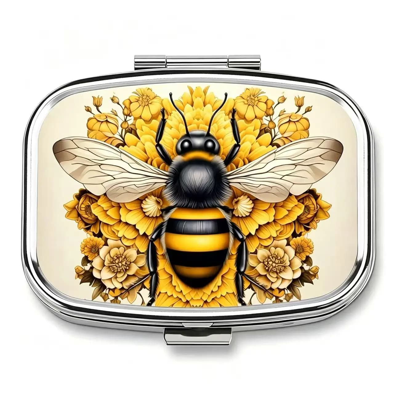 Portapillole in Metallo con Stampa Vintage di Api e Fiori Gialli, Organizzatore Portatile a 2 Scomparti per Vitamine e Pillole Quotidiane