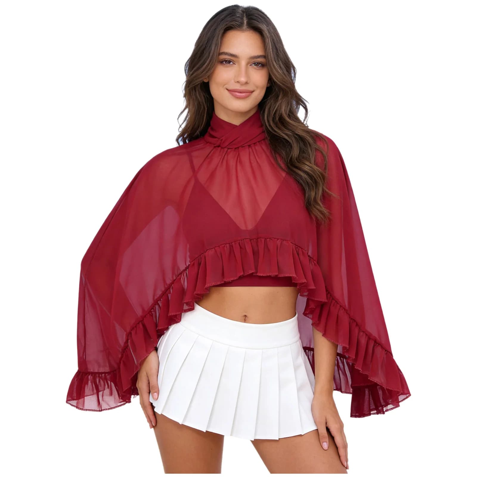 Womens Chiffon Bolero Cape High Collar High-low Hem Ruffled Trim Sheer Mesh Blouse Tops Cover-ups Shawls for Wedding Party Beach