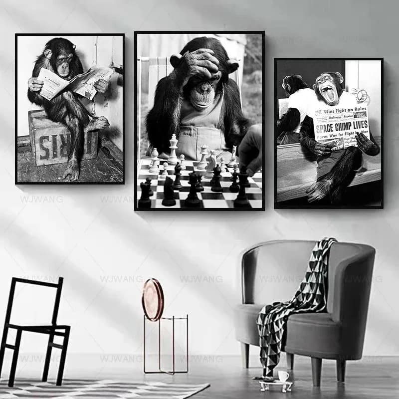 Funny Monkey Read Newspaper Play Chess Animal Poster and Print Nordic Wall Art Canvas Painting Picture For Child Room Home Decor