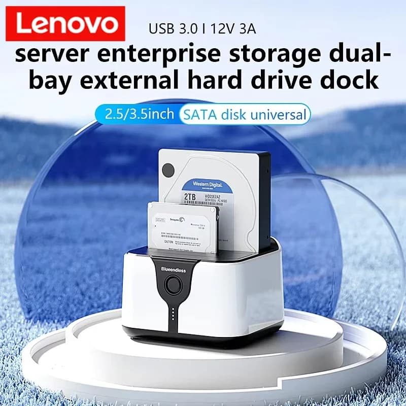 Lenovo Box Case HDD a 2 Bay, Docking Station HDD, Case SSD Dual Bay, Clonazione Offline, Adattatore SATA a USB 3.0 per Dischi SSD da 2.5 e 3.5 Pollici