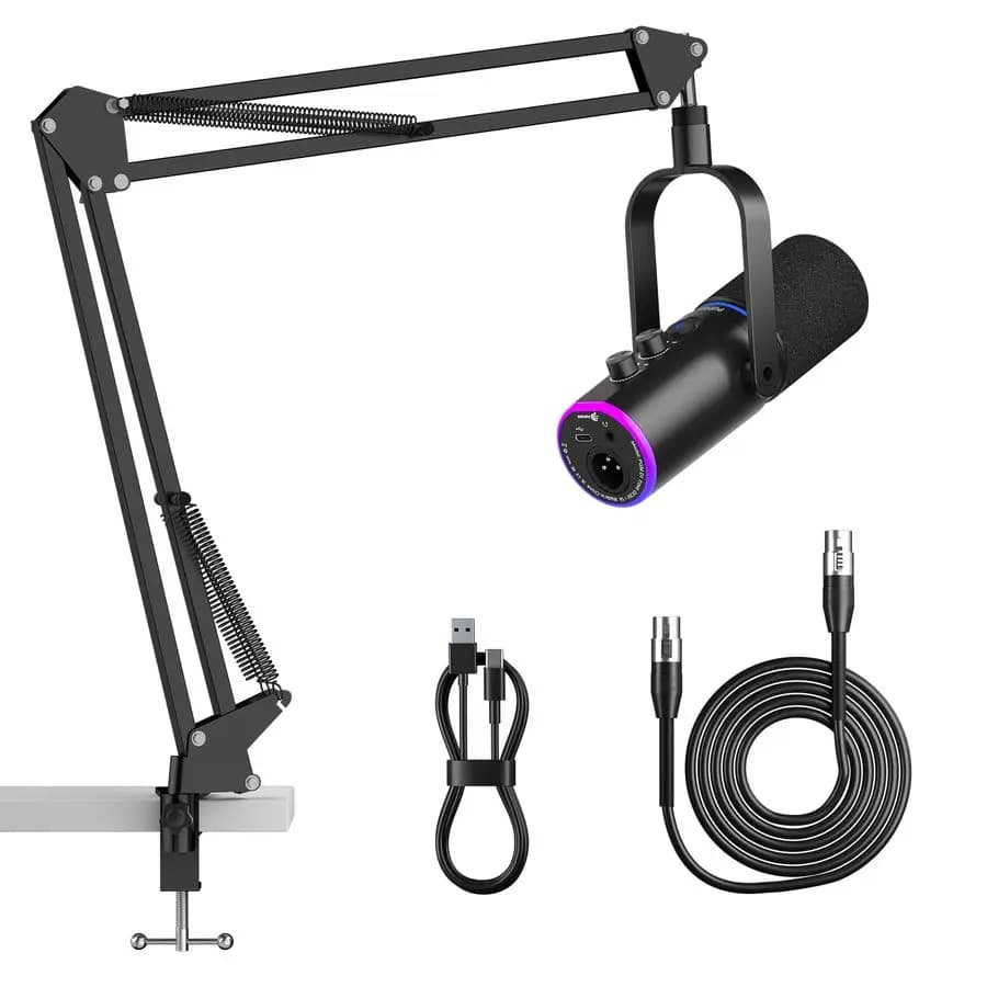 Microfono USB per Podcast, Microfono da Gaming con Pulsante Muto, Effetti Riverbero, Cancellazione del Rumore, Supporto con Braccio, Jack per Cuffie, Dinamico