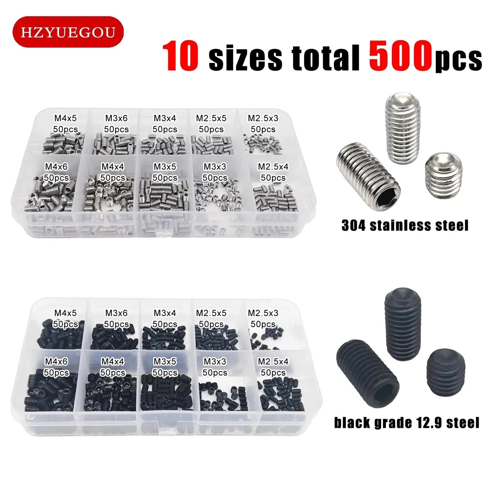 500 pcs Hexagon screws DIN916 with M2.5 M3 M4 cup tip 304 A2 Grade 12.9, Canned kit