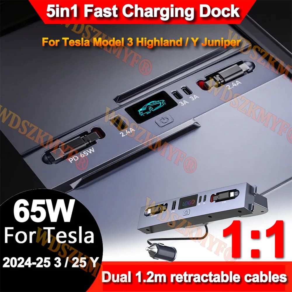 Caricatore rapido da 65 W per Tesla Model 3 Highland 2024/Y Juniper 2025 USB Shunt Docking Station Adattatore per auto Alimentato Splitter