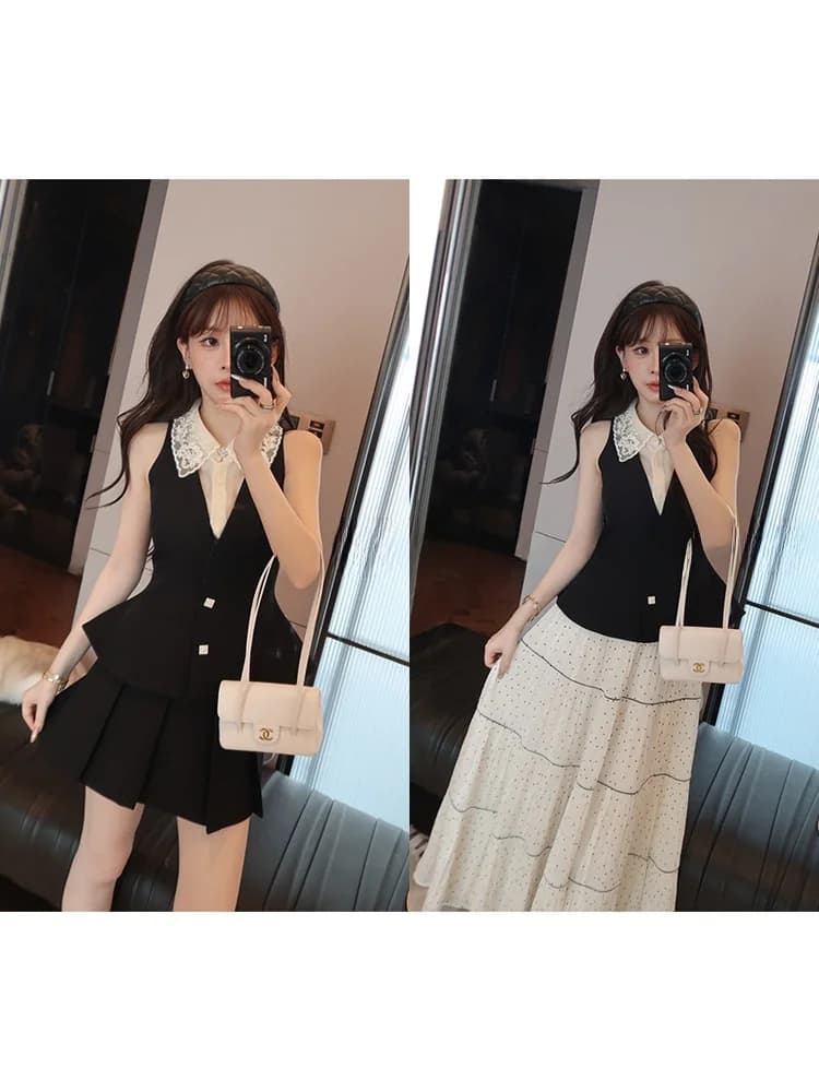 Elegant Sleeveless Vest And Skirt Set Women's Fashionable Two-Piece Summer Outfit Breathable Lightweight Polyester Blend