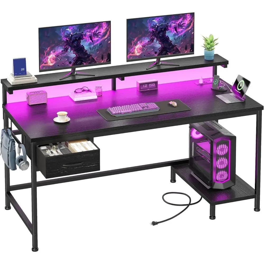 Supporto per Monitor Regolabile con Illuminazione LED e Presa di Corrente per Casa, Ufficio e Studio, Ideale per Piccoli Spazi, Nero
