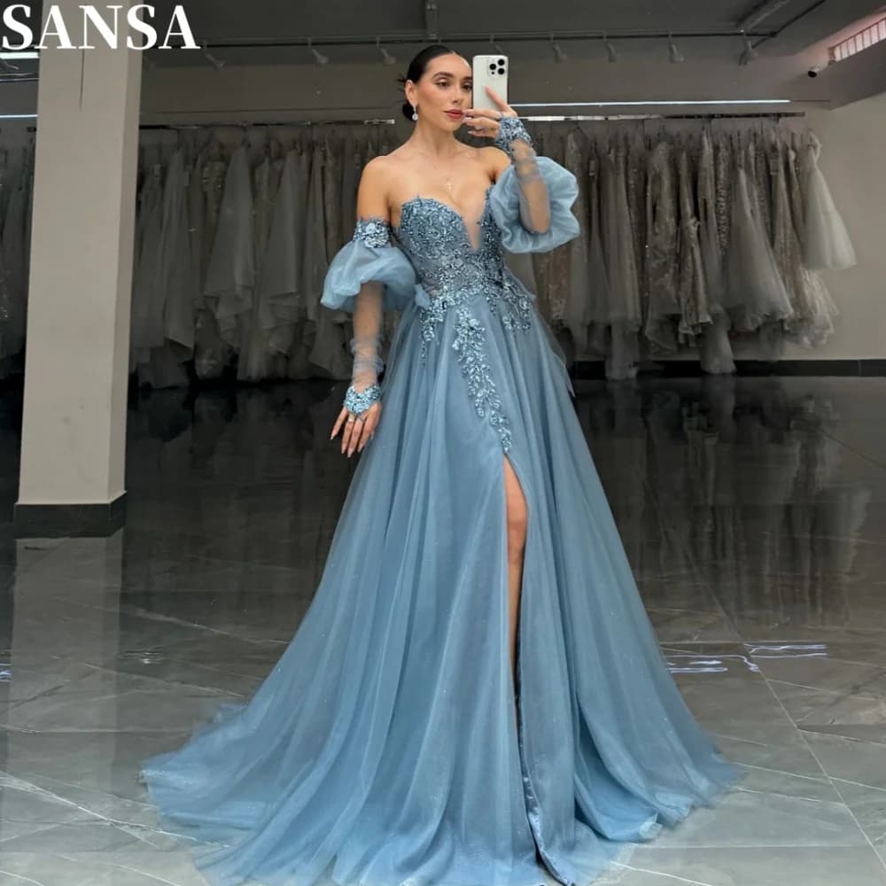 Sansa squisito abito a trapezio in pizzo ricamato abito da sposa personalizzato lungo fino al pavimento senza spalline spacco laterale abiti da festa