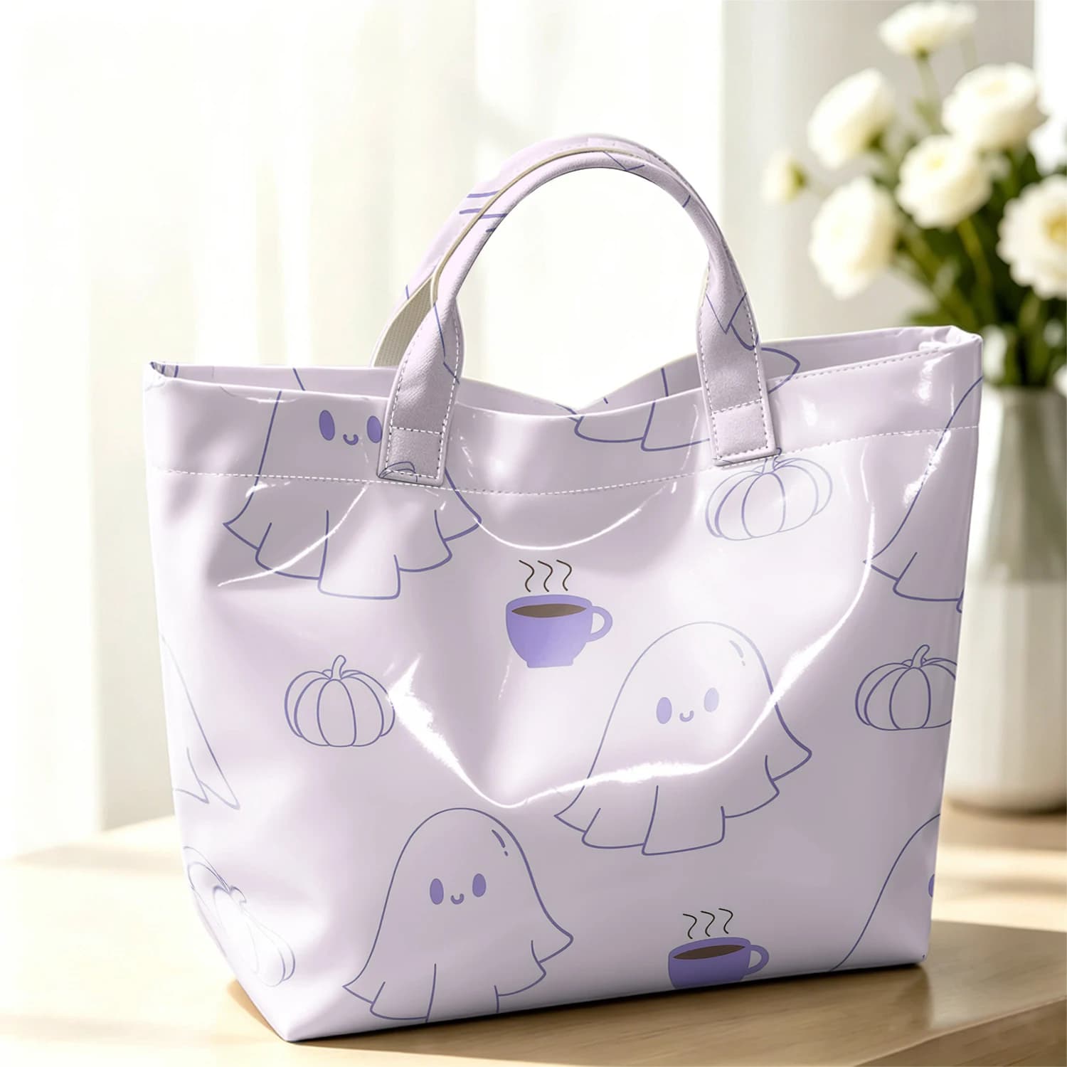 Purple Ghost Coffee Fashion Large Glossy PVC Tote Bag Hand Washable Waterproof Perfect Travel Commute Cosmetic Storage Shopper
