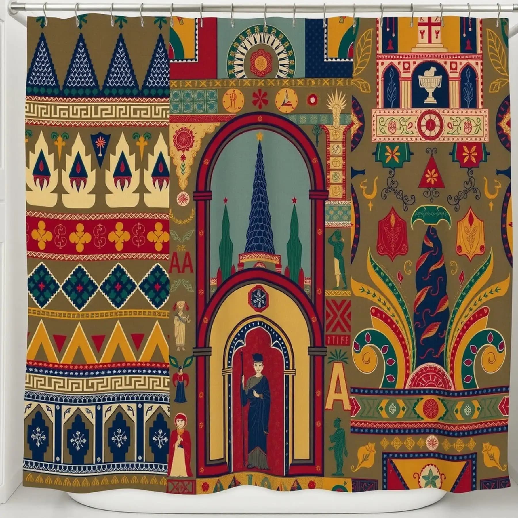 Tenda da doccia impermeabile Royal Medieval Fantasy - Design intricato castello e cavaliere per un arredamento da bagno maestoso e senza tempo