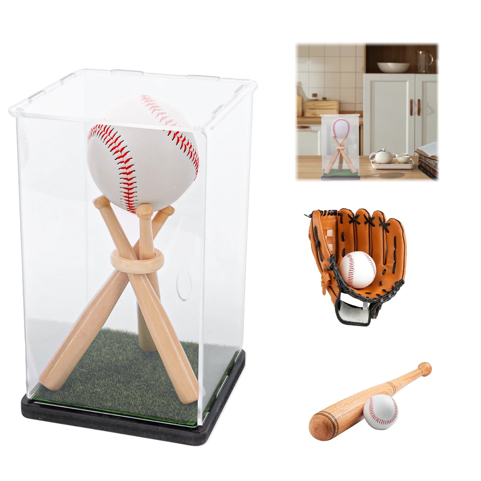 Espositore per Palline da Baseball con Supporto in Legno, Vetrina in Acrilico Trasparente per Collezioni, Regalo per Appassionati di Baseball