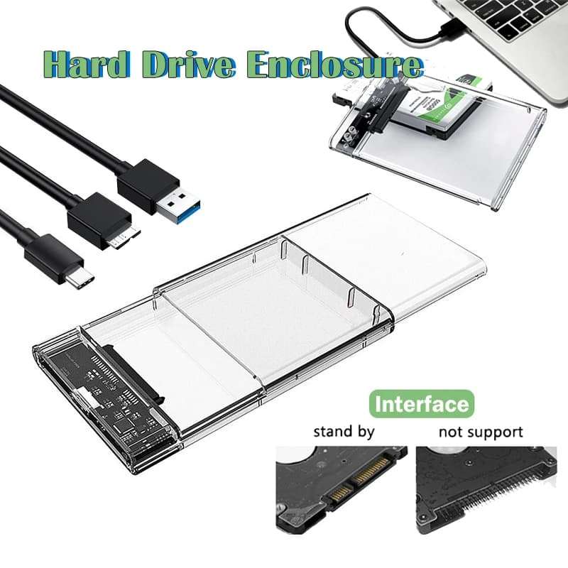 USB3.0/Type-C to SATA HDD Enclosure 2.5 inch HDD SSD External Hard Drive Case Clear Portable Storage Case for Laptop PC HHD Case