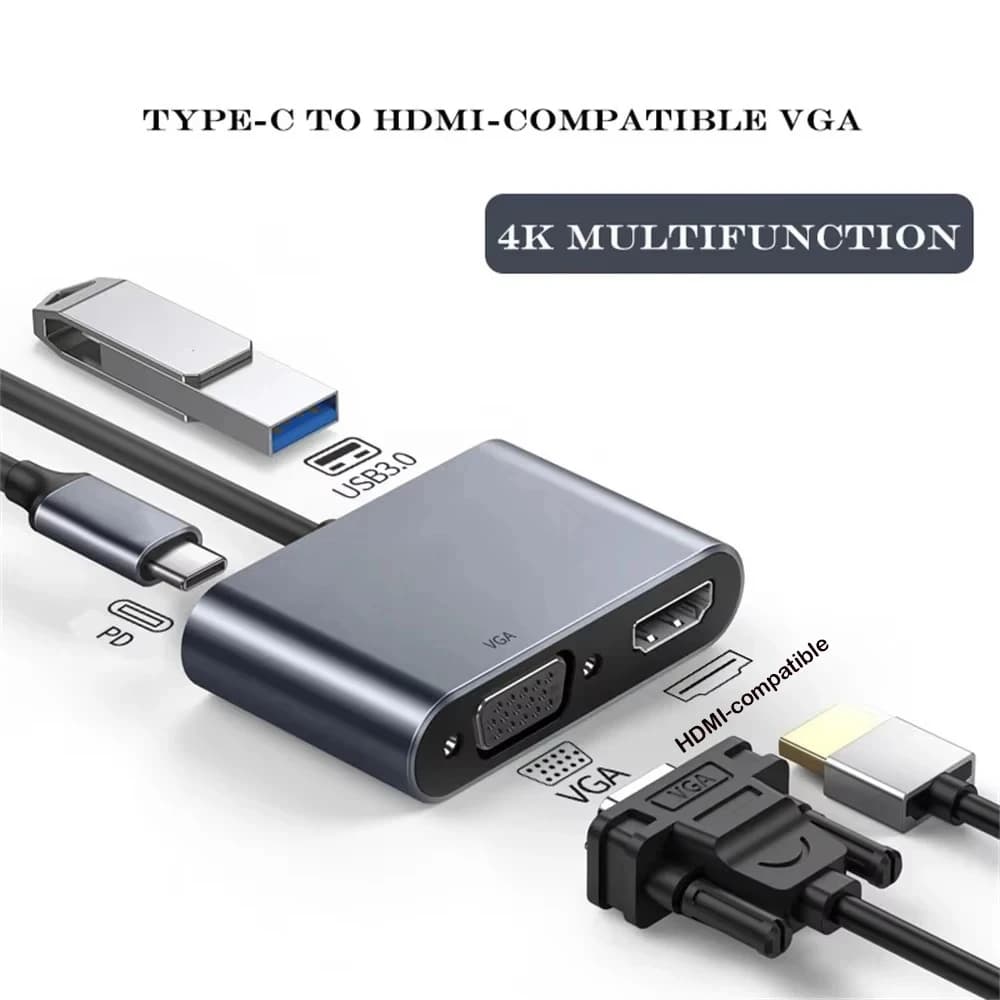 Hub USB-C 4-in-1/3-in-1 con uscita 4K HDTV e VGA, Docking Station con ricarica rapida PD 100W per MacBook Pro/Air