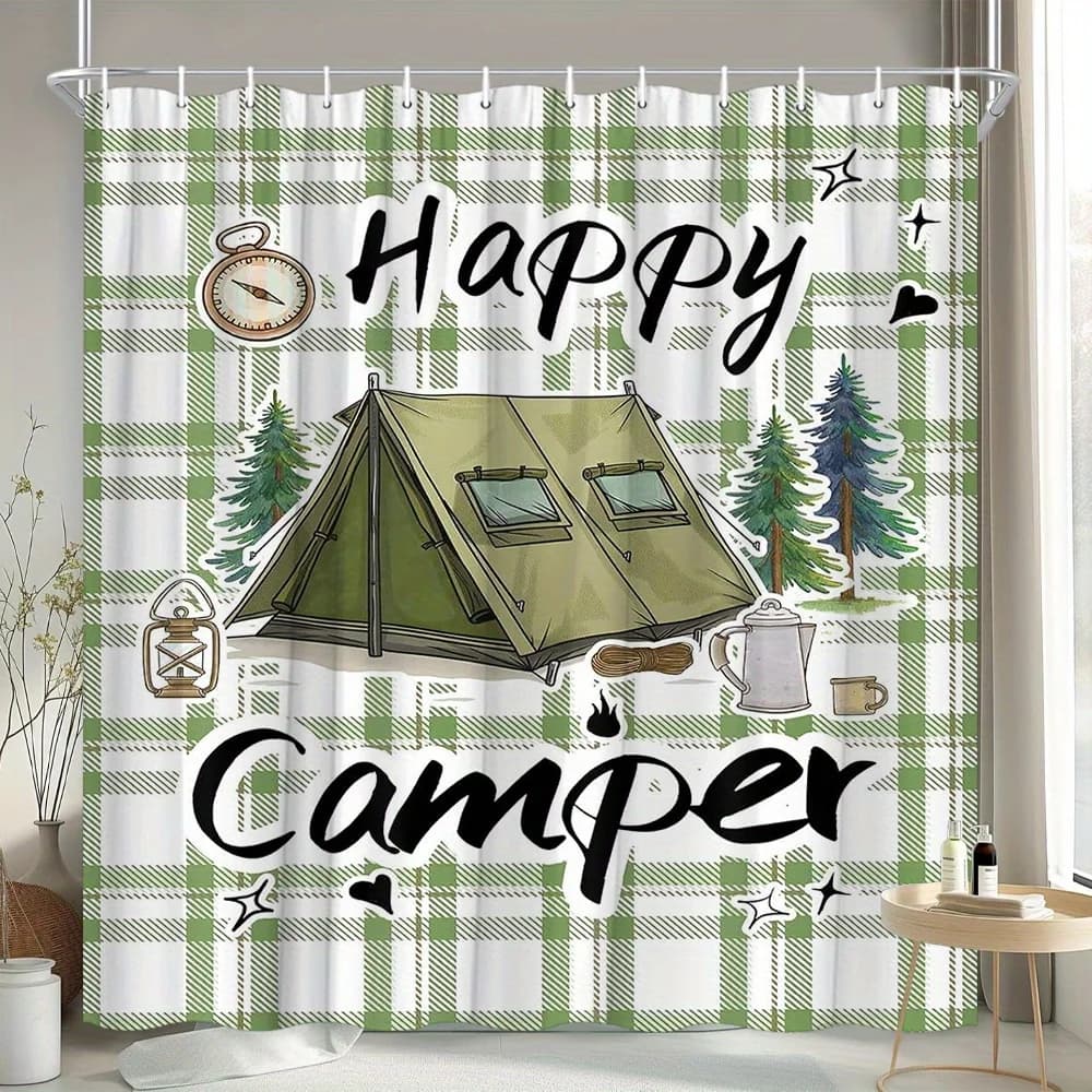 Tenda da doccia da campeggio 1 pezzo Happy Camper Design con tenda verde, alberi di pino, lanterna con motivo scozzese in poliestere