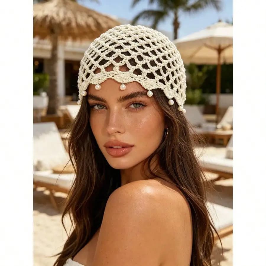 1pc Vintage Hollow Out Knitted Beanie, Pearl Pendant Headscarf, Vacation Style Mesh Cap