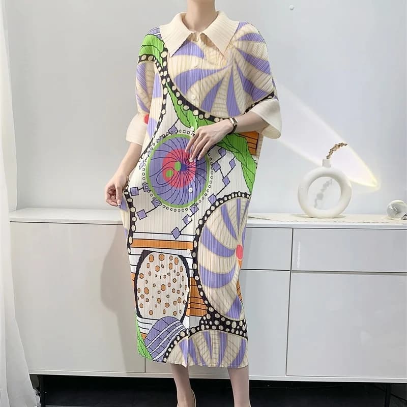 Spring Summer New Style Pleated Dress Loose plus Size Women's Clothing Elegant Slimming Printed Midi Skirt Commute Style Poly...