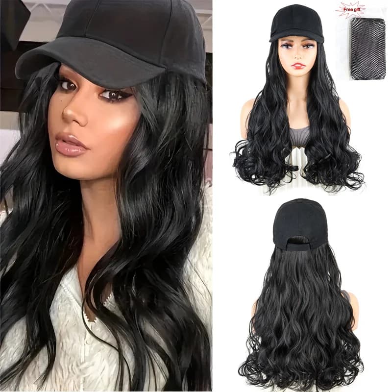 Parrucca sintetica riccia lunga da 20 pollici Berretto da baseball Estensioni dei capelli Parrucche per cappelli Parrucchino regolabile marrone nero per le donne