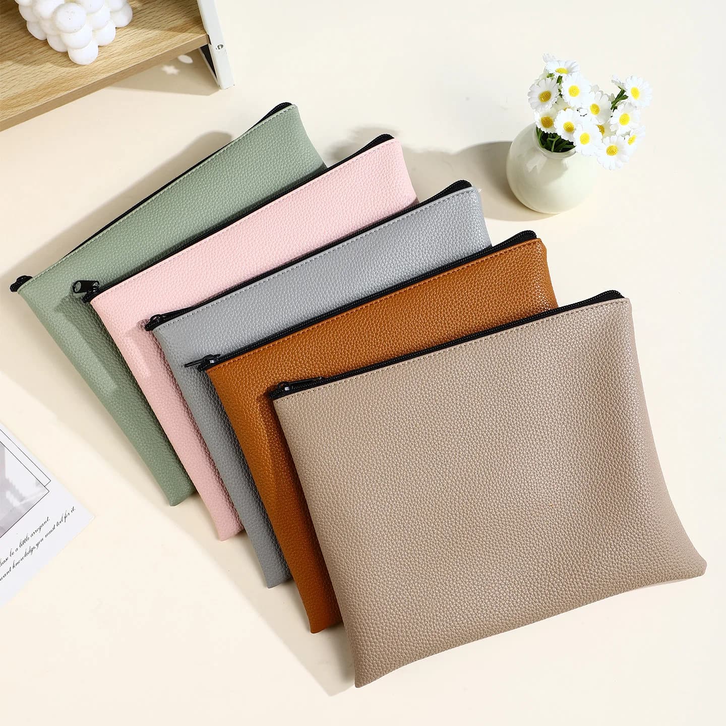 A5 PU Leather Zipper File Pouch, Waterproof Litchi Grain Document Bag, Large Capacity Office Storage Organizer, Multi Colors