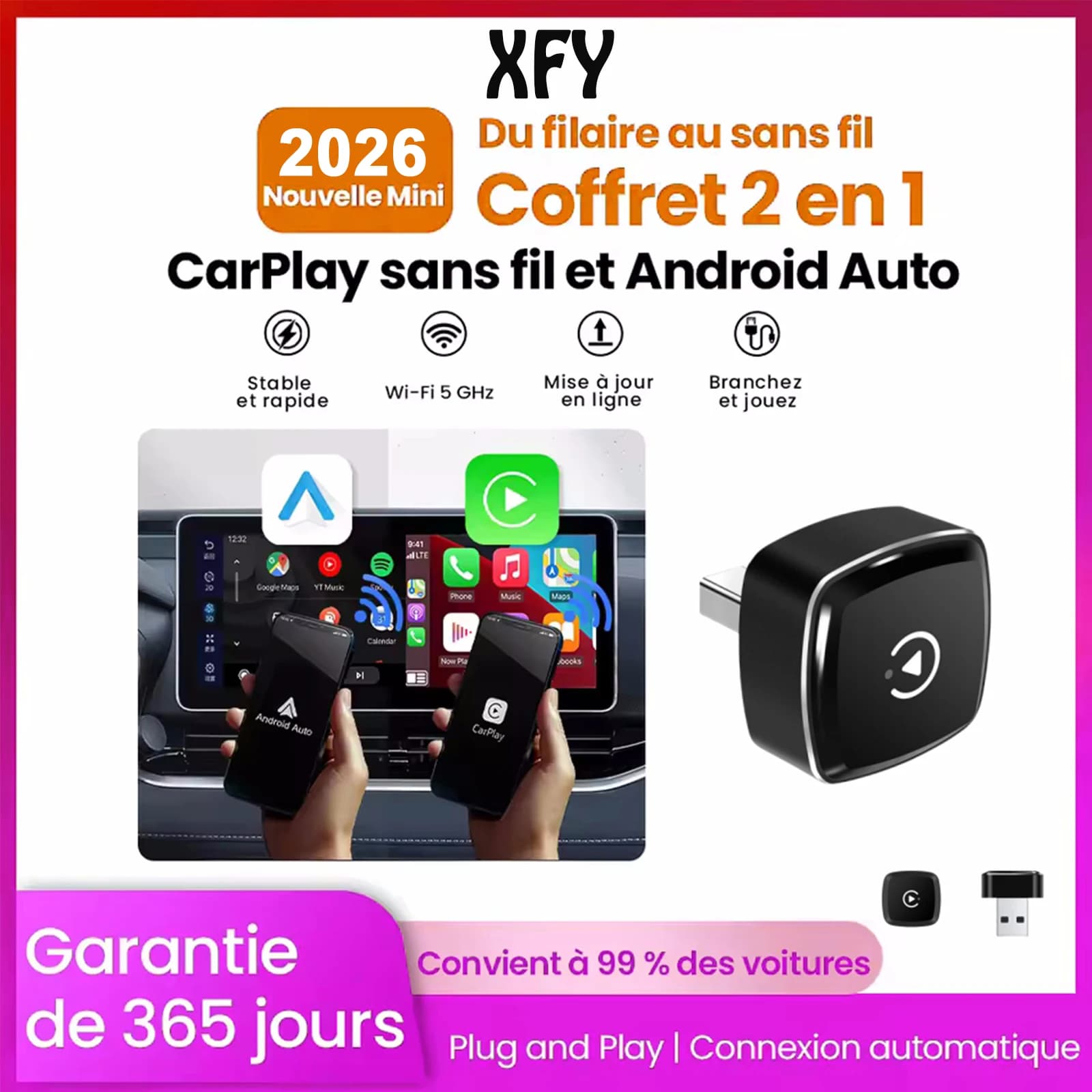 New Wireless CarPlay and Android Auto Adapter, USB Dongle, Mini Box Intelligent Plug and Play Universal for VW, Toyota, Nissan, Honda, Ford, Benz
