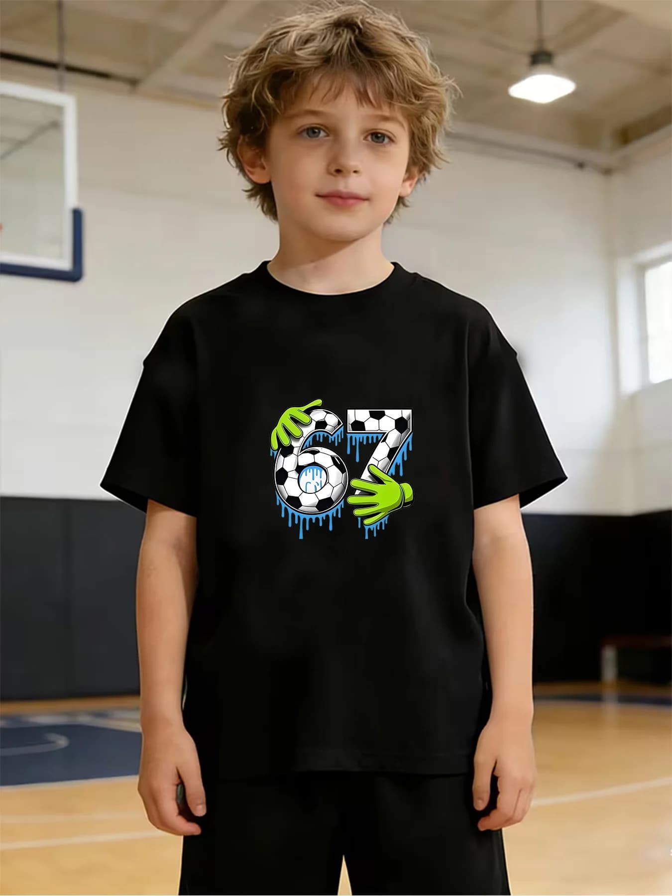 T-shirt estiva a maniche corte con stampa Football Digital 67, top traspirante, casual, elegante e versatile per bambini, idea regalo ideale