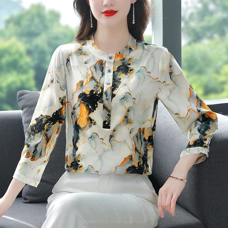 Clothing Spring-Summer 2026, Top Elegant with Sleeves 3/4 and Fashion Printing, Women's Shirt with High Collar