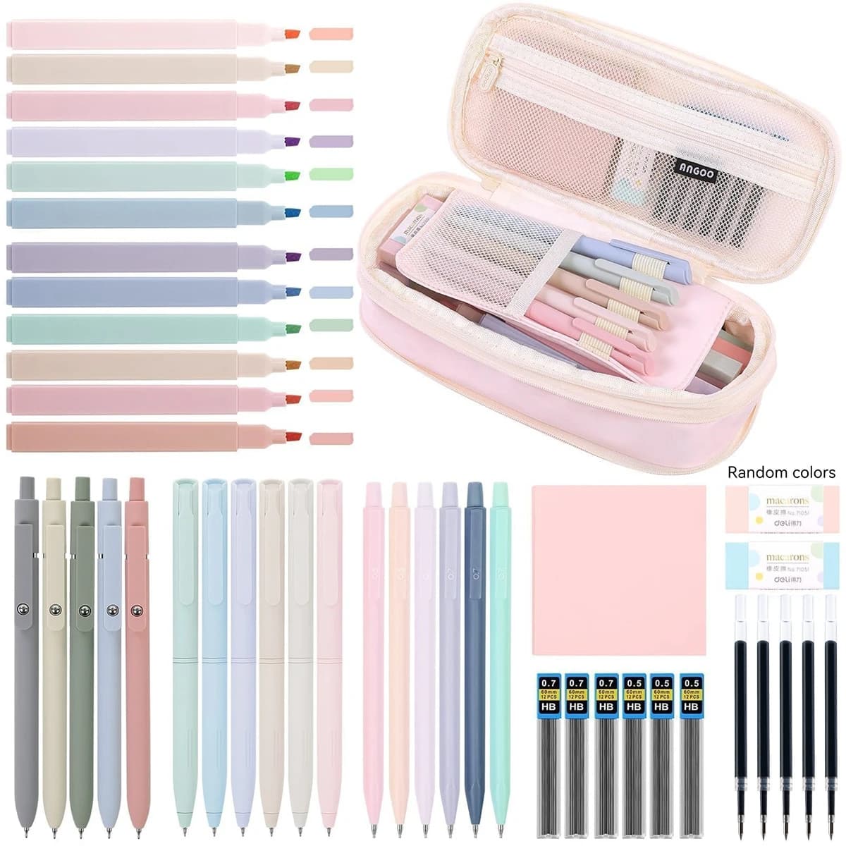 A 44-Piece School Supply Set, including A Pencil Case, 6 Colored Gel Pens, 12 Highlighters, 5 Black Gel Pens, and 6 Pencils