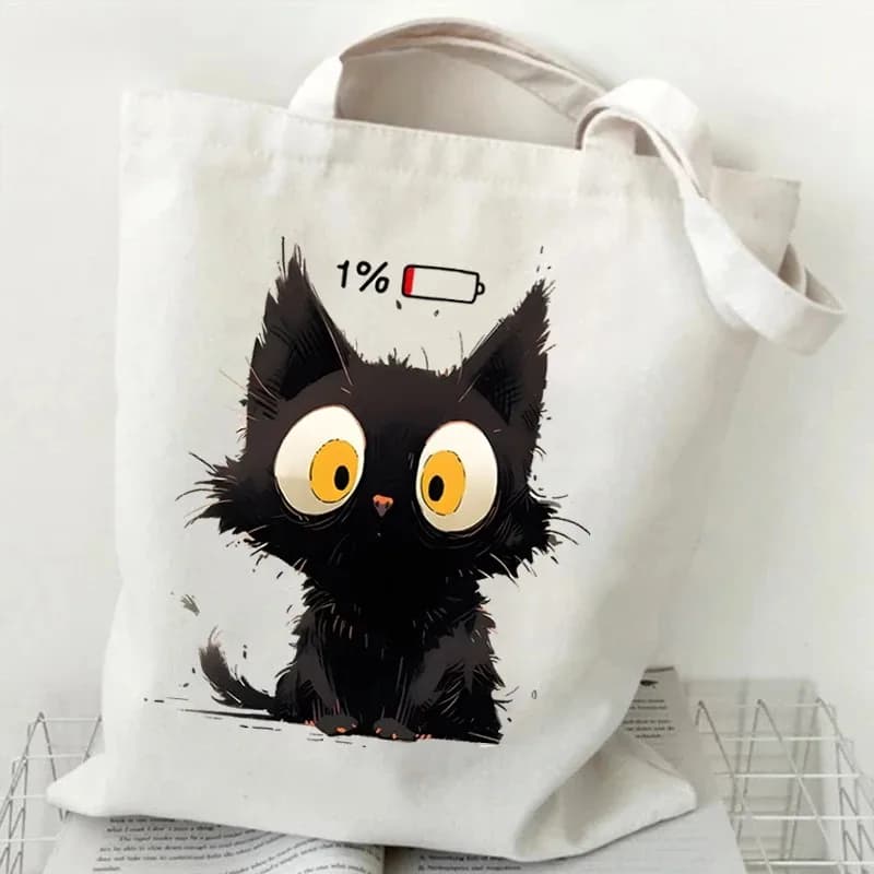 Borsa in tela con stampa gatto nero anime, borsa tote da donna, grafica casual alla moda, borsa a mano per adolescenti, gattino cartone animato, borsa da viaggio e shopping per signore