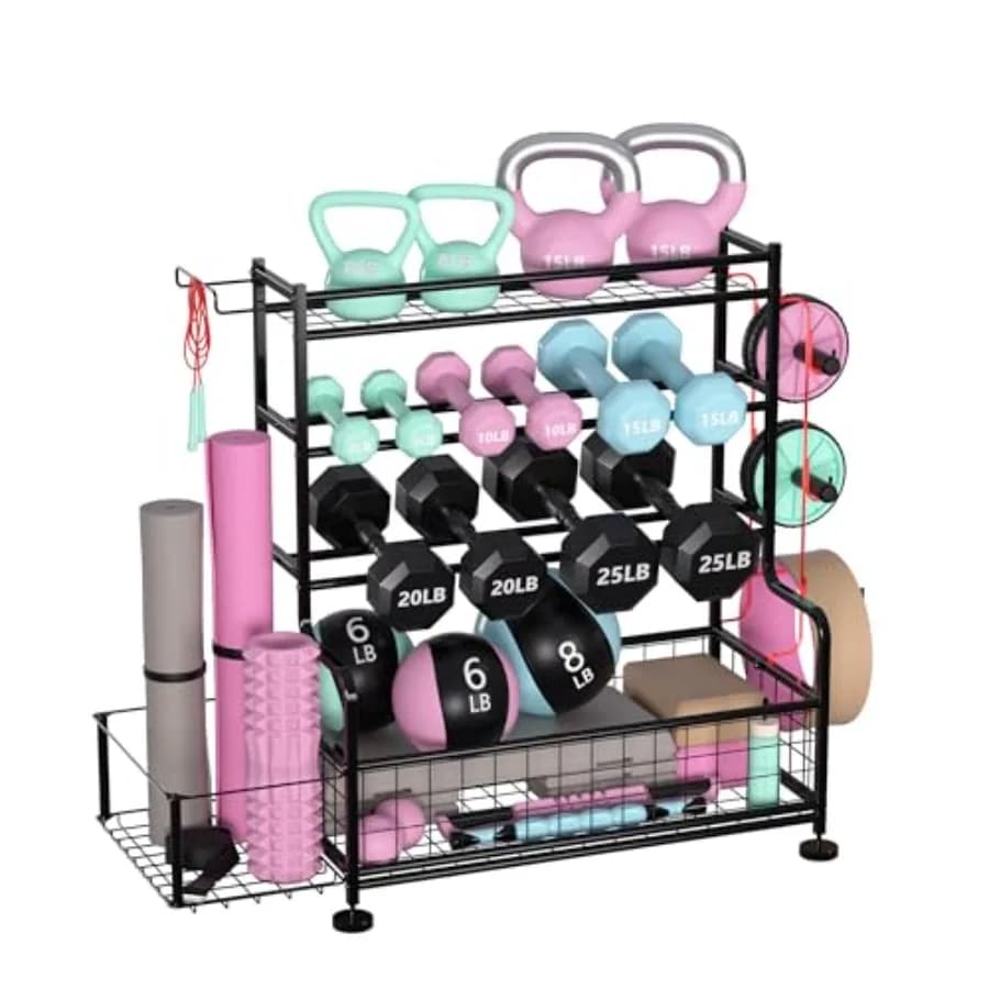 Rack per Pesi da Palestra Domestica con Ganci per Manubri, Tappetino Yoga e Kettlebell, in Acciaio Verniciato a Polvere Nero