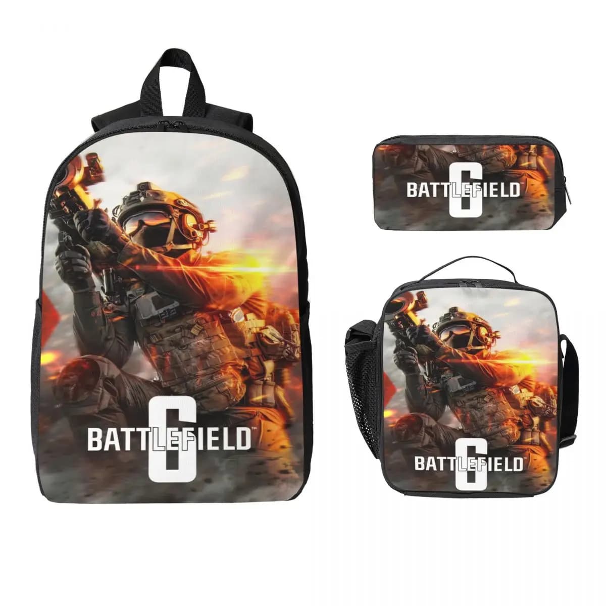Set di zaini Battlefield 6 merch da 3 pezzi per ragazze, ragazzi, borse per penne, set di borse per libri con scatola per il pranzo, per studenti delle scuole