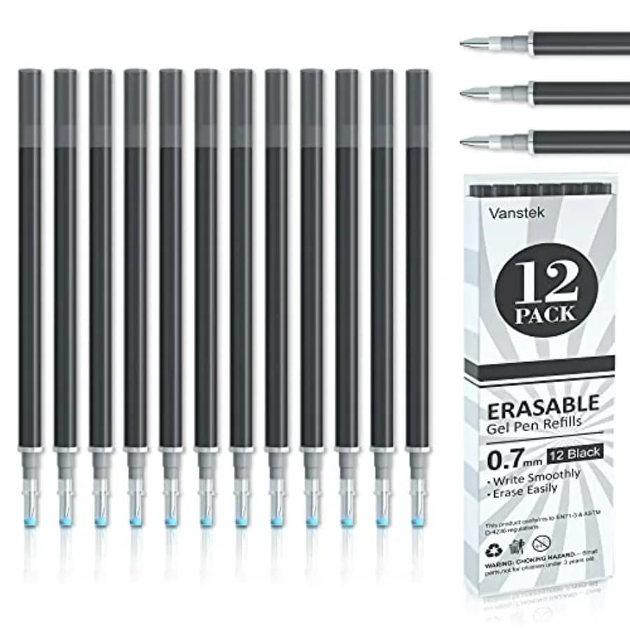 12 Black Erasable Gel Pen Refills, Gel Ink Refills Compatible with Erasable Pens, Fine Point 0.7 mm, Perfect for Writing Planne