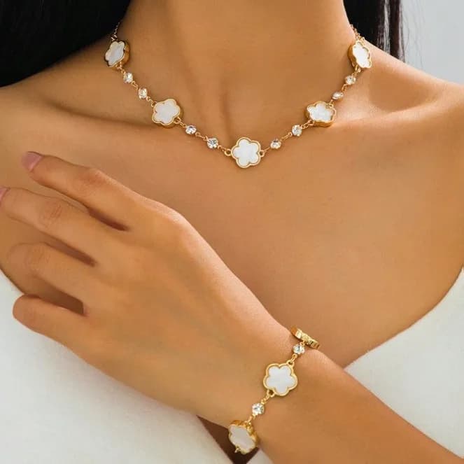 New European‑American High‑End Lucky CZ Inlaid 4&5‑Leaf‑Clover Pendant Necklace Bracelet Set Pink Women Ins‑Style Jewelry Wholesale
