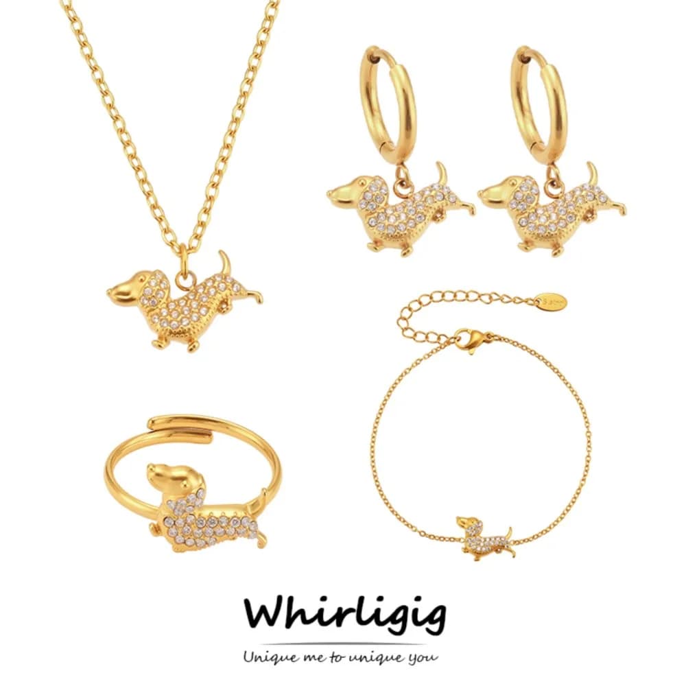 Dachshund Pendant Necklace Bracelet Earrings Ring 18k Gold Plated Stainless Steel Chain Necklaces Bracelets Dog Charm Earring