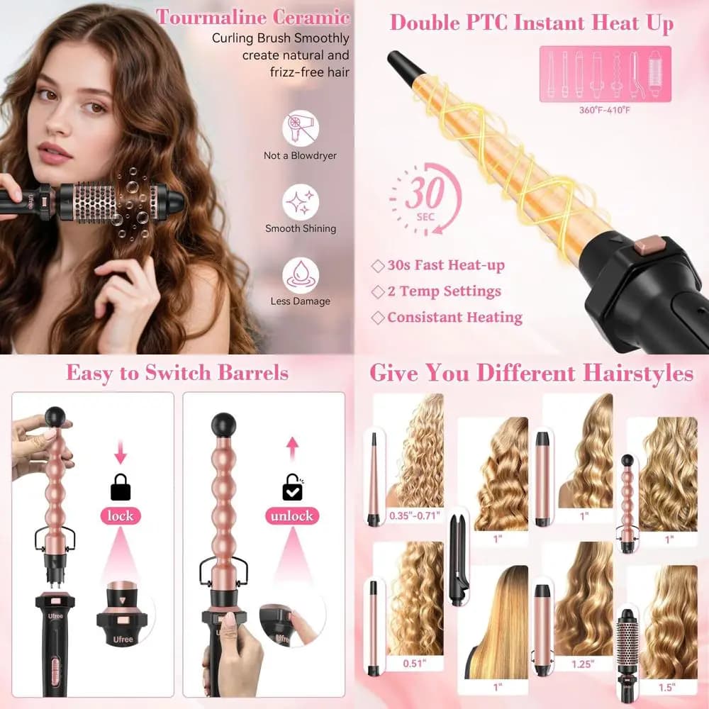 Multifunction set for hair curlers with Interchangeable Ceramic Cylinders, Styling Kit with Arricciacapelli, Plate and Thermal Brush