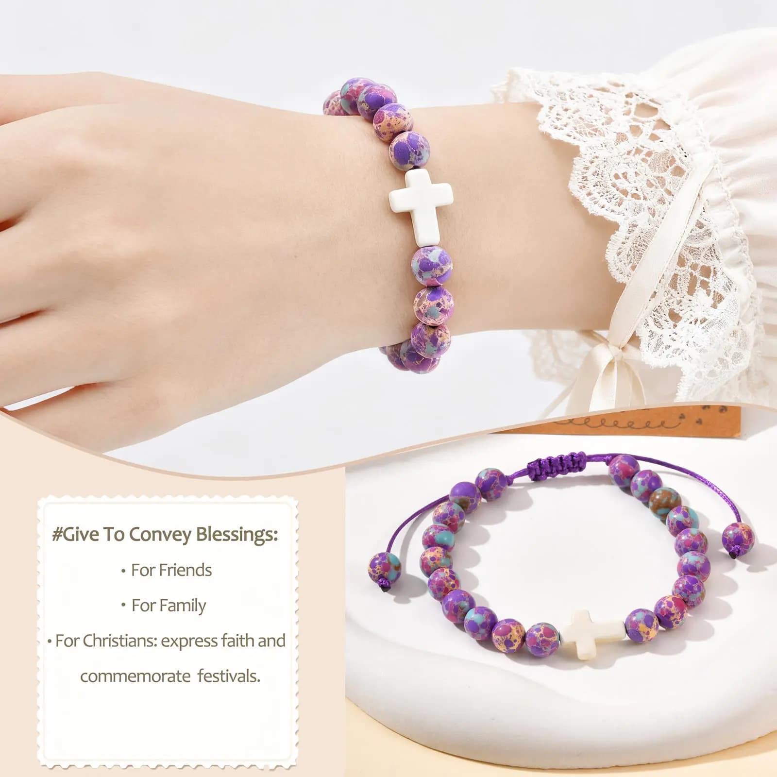 Cross Bracelet for Women Adjustable Christian Baptism Religious Natural stone Beads Bracelet Jewelry for Daily Wear Easter Gift