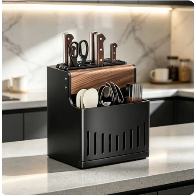 Walnut Milk White Kitchen Knife Holder Chopstick Cage Integrated Knife Storage Box, Shelf Non-punching Countertop Wall-mounted
