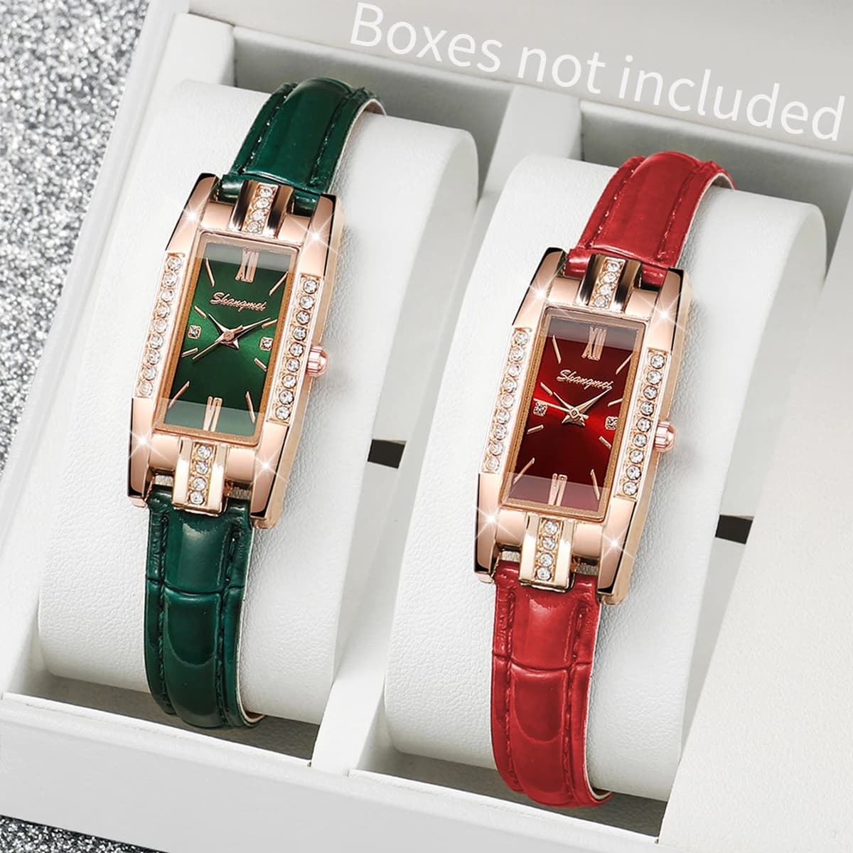 2 pezzi/set orologi da donna alla moda con cinturino in pelle rettangolare, orologio al quarzo (senza scatola)