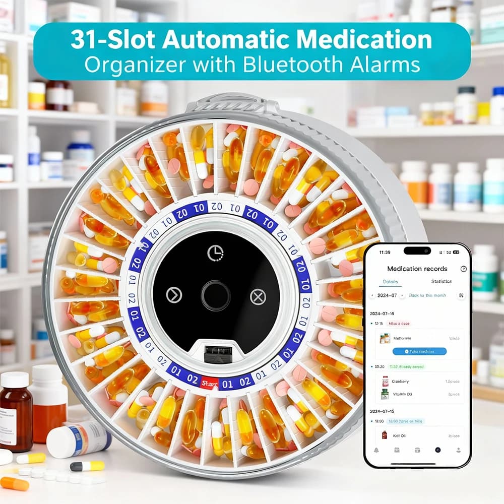 Dispenser Intelligente per Pillole 2025, Distributore Automatico 31 Giorni con Bluetooth e Blocco Impronta Digitale per la Sicurezza degli Anziani, Dispenser Giornaliero Temporizzato