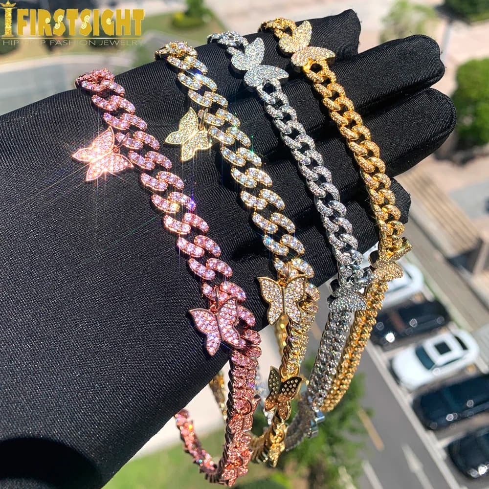 2025 Nuovo Sparking Cz Collana a farfalla piena 9mm ghiacciato Bling Miami Cuban Link color oro Girocollo Donna Gioielli Hip Hop