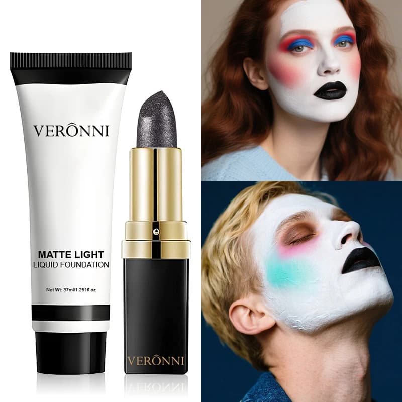 White Liquid Foundation,Full Coverage Face Foundation,Glitter Lipstick Long-Lasting Matte Concealer Makeup for COS Stage Makeup