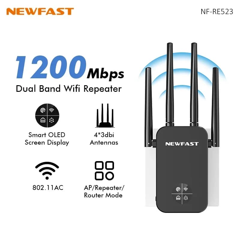 NEWFAST WiFi 1200Mbps Ripetitore Router 2.4/5G Estensore di Segnale Wireless Smart OLED Ripristitore Amplificatore Wi-Fi 4 Antenna Booster