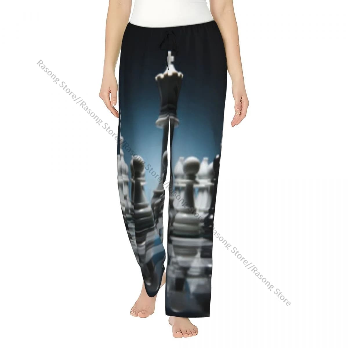 Pantaloni da pigiama in flanella accoglienti per donna Gioco da tavolo per scacchi in bianco e nero Pantaloni da notte Abbigliamento da casa