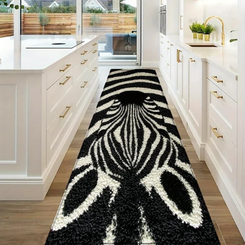 VIKAMA Nordic Light Luxury Zebra Pattern Long Rug Non-Slip Washable Mat for Kitchen Corridor Home Decoration