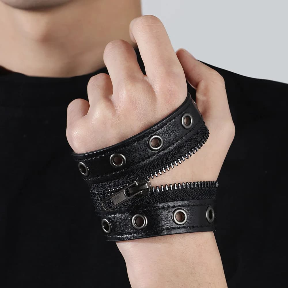 Gothic Adjustable 6cm Width Leather Bracelet Zipper Punk Rivet Wrap Bracelets Bangle Button Wristband Men Women Fashion Accessor