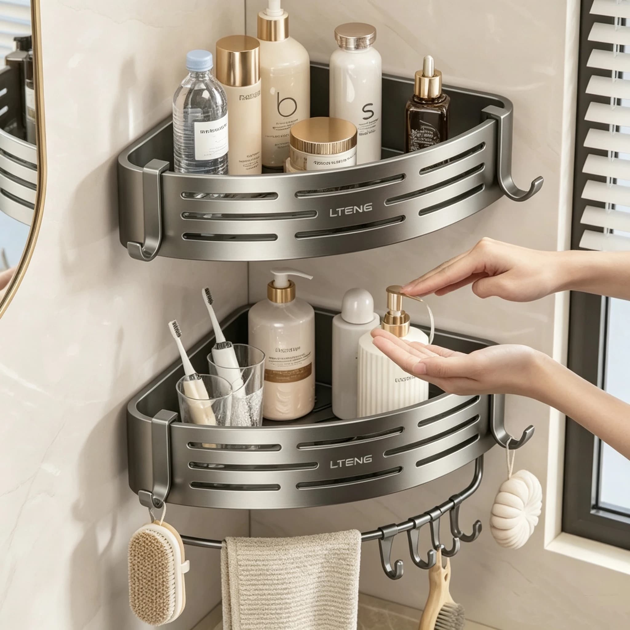 Wall Mounted Shower Corner Shelf 2 Pack, Triangle Shower Caddy with Strong Suction Cups, Rustproof No-Drill Bathroom Organizer Rack with Hooks for Shampoo & Soap Storage