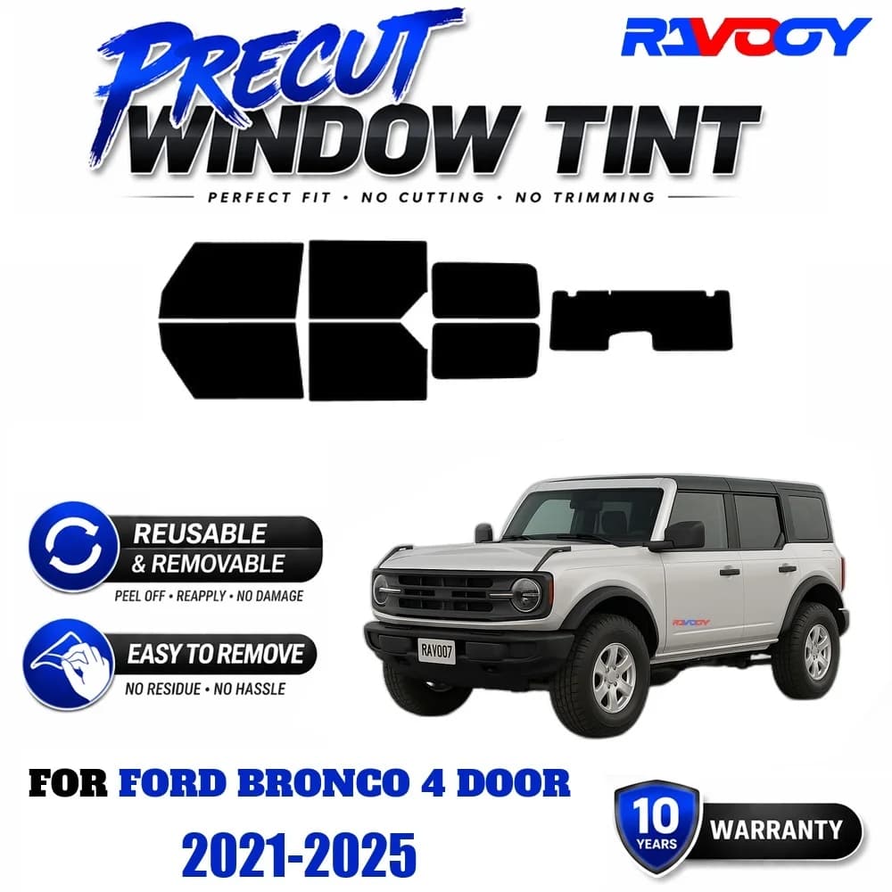 RAVOOY Precut Window Tint, Reusable Removable EPU Film, Custom Fit for Ford Bronco 4 Door 2021-2025, UV Heat Protection