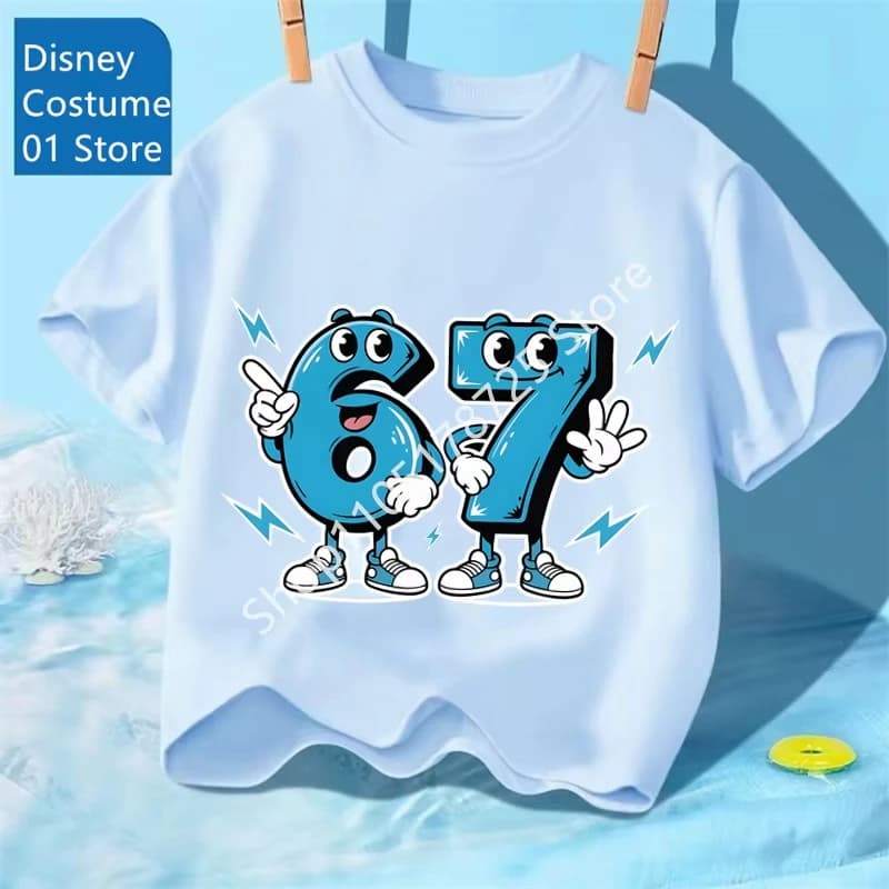 Kids Blue Cartoon 67 SIX SEVEN Graphic T-Shirt, Soft Cotton, Cute Wear for Boys & Girlstk0157