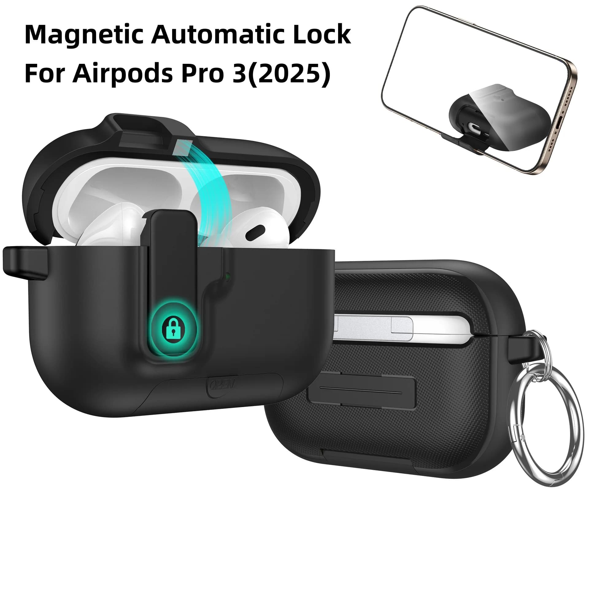 Custodia 2025 per AirPods Pro 3 con Chiusura Magnetica Automatica, Supporto Telefono e Gancio - Cover per Auricolari AirPods Pro 3 Pro3