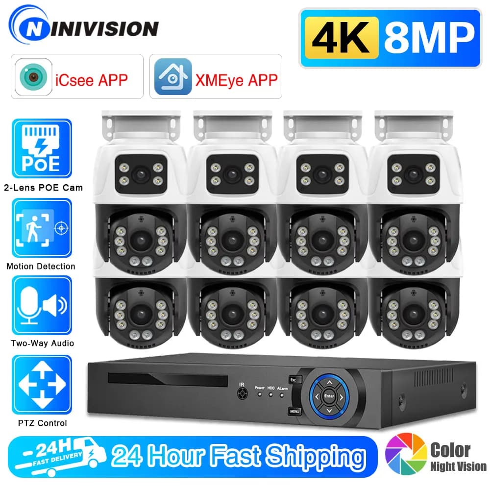 4K Dual Lenten PTZ Security Camera System with Kit NVR 10CH, 8MP, Audio Bidirectional, Night Vision, Wide Coverage (ICsee/XMeye)